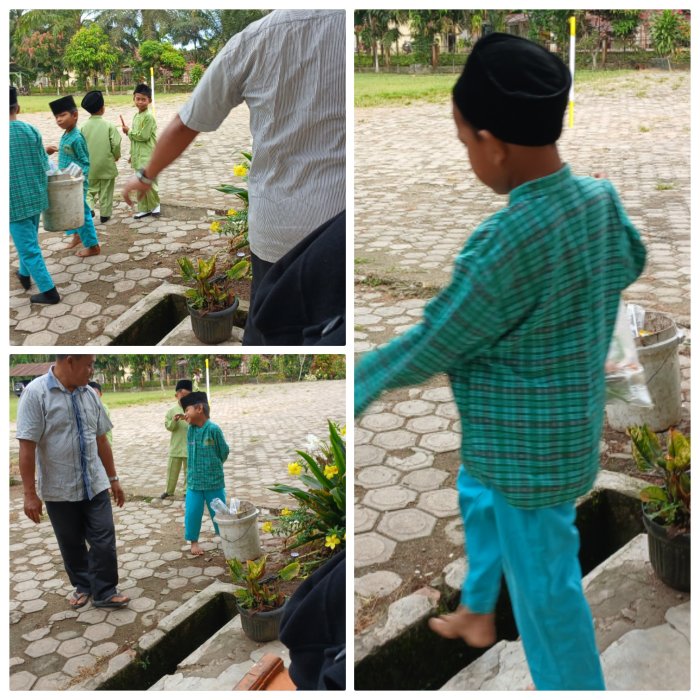 Staf MIN 2 Muaro Jambi Dampingi Siswa Bersihkan Lingkungan Jadi Sehat