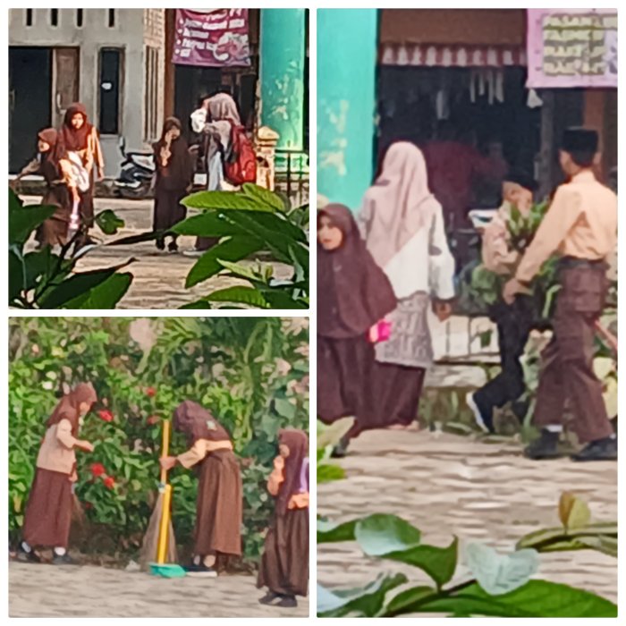 Guru Madrasah Ajak Siswa Kelas 6 Bersihkan  Lingkungan