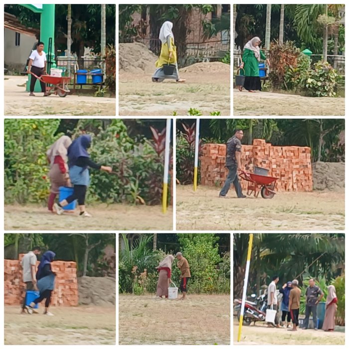 Gotong Royong Guru dan Staf MIN 2 Muaro Jambi Bangun Kelas Baru