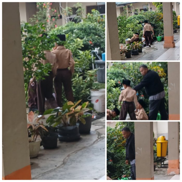 Staf Madrasah Dampingi Siswa Buang Sampah di Tempat Pembakaran