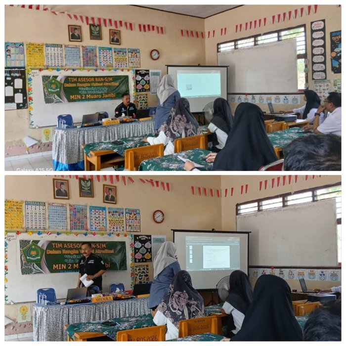 Bedah Data Lewat Infokus,Tim Asesor Visitasi Akreditasi di MIN 2 Muaro Jambi lancar