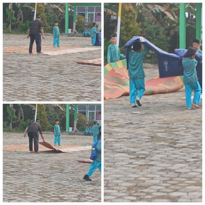 Staf dan siswa Min 2 Muaro Jambi memasang tikar untuk Bacaan Yasin.