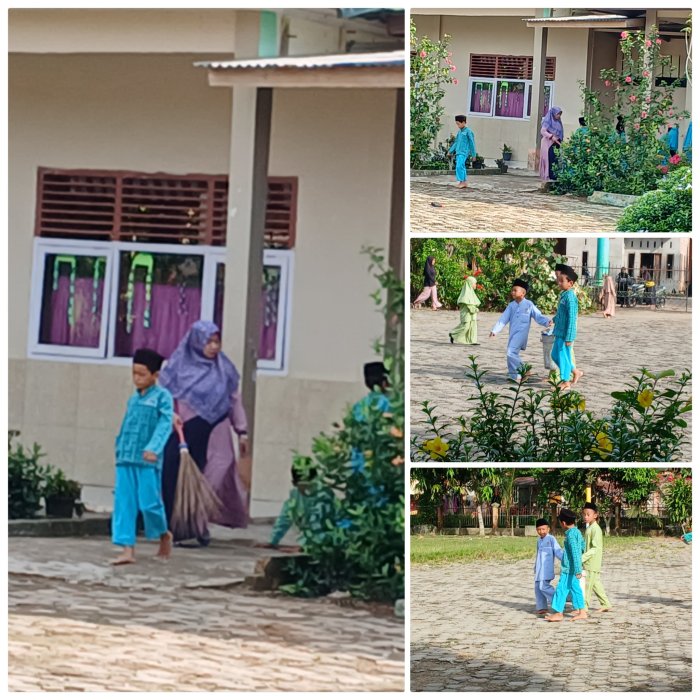Guru Kelas 4 MIN 2 Muaro Jambi Dampingi Siswa Bersihkan Lingkungan Madrasah