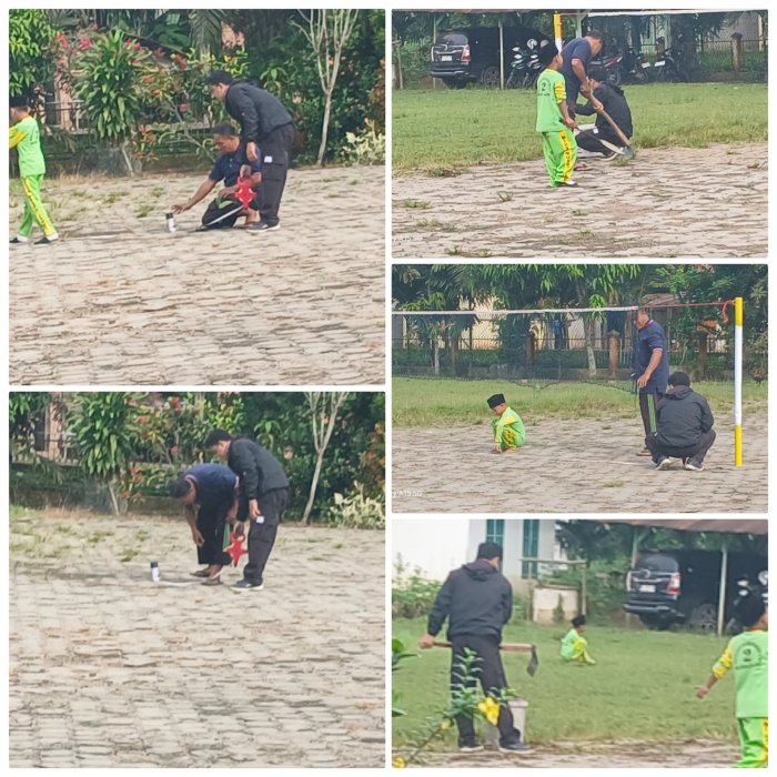 Zamroni Staf dan Jauharul Guru PJOK Ukur Standar Lapangan Bulu Tangkis Madrasah