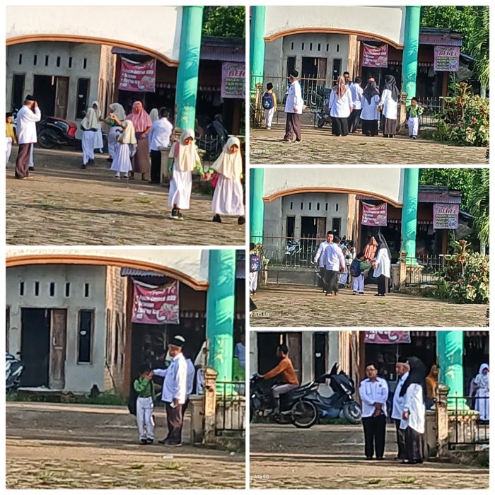 Sambut Siswa Guru Piket Berdiri di Gerbang Madrasah Sambut Siswa Guru Piket Berdiri di Gerbang Madrasah