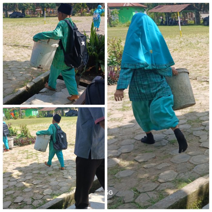 Siswa Madrasah Lakukan Aksi Bersih-Bersih Jelang Bel Masuk