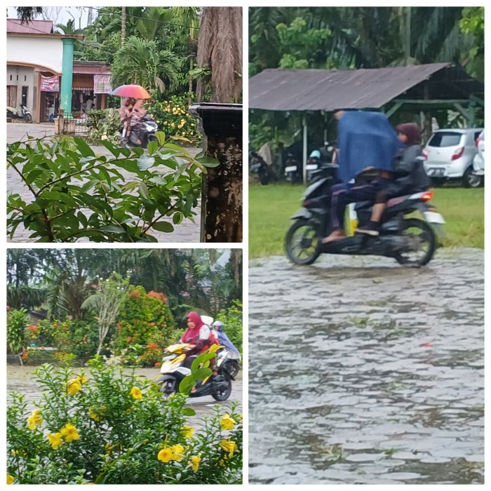 Orang Tua Tetap Antar Anak ke MIN 2 Muaro Jambi Saat  Cuaca Hujan