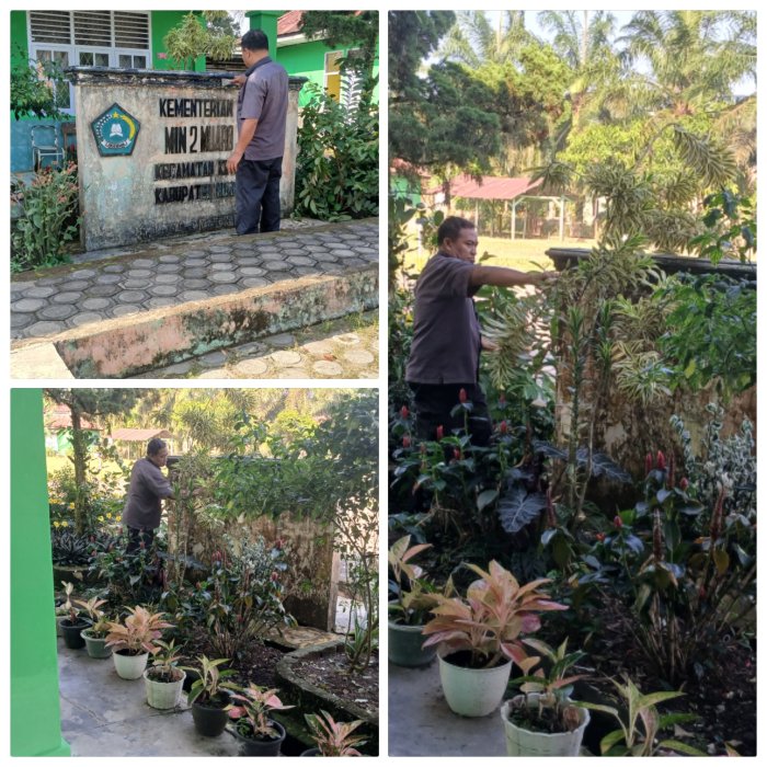 Ahmad Zamroni Piket Staf MIN 2 Muaro Jambi Jaga Kebersihan Papan Merek Madrasah Saat Libur Semester