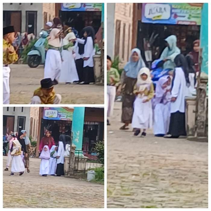 Ruslawati,S.Pd.I dan Musyaropah,S.Pd.I ,Guru Piket MIN 2 Muaro Jambi Sambut Siswa di Gerbang Madrasah