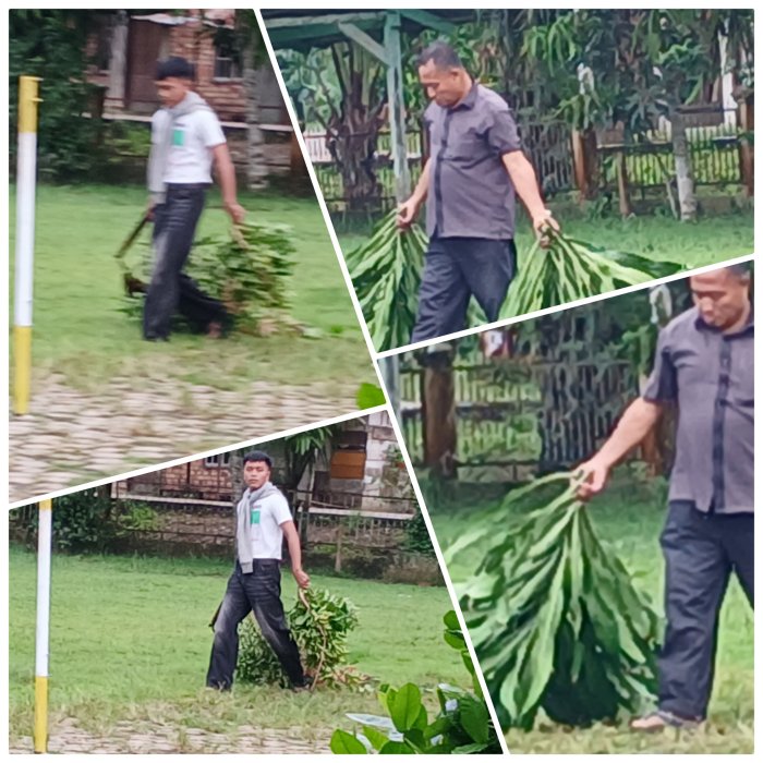 Staf MIN 2 Muaro Jambi Bersihkan Sampah Taman Madrasah