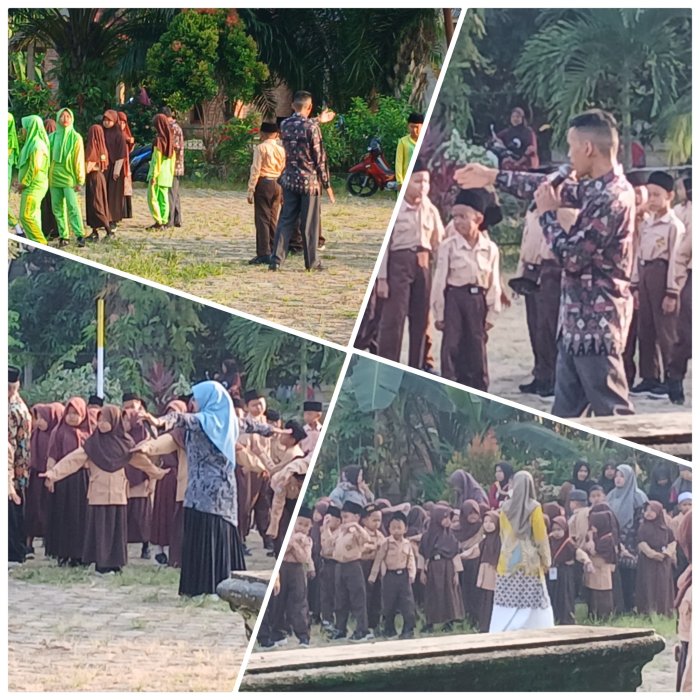 Tiga Guru Antusias Menata Barisan Sebelum Senam Pagi