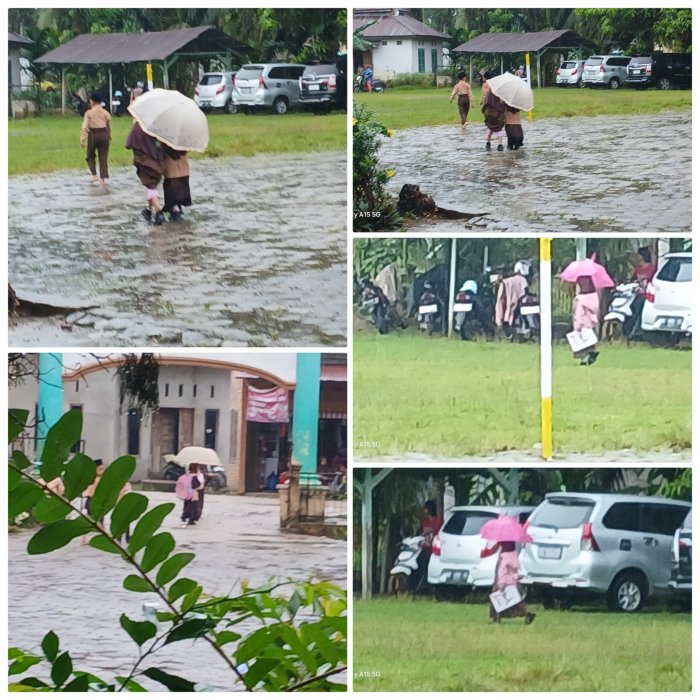Siswa MIN 2 Muaro Jambi Tetap Semangat Hadiri Sekolah Saat Hujan