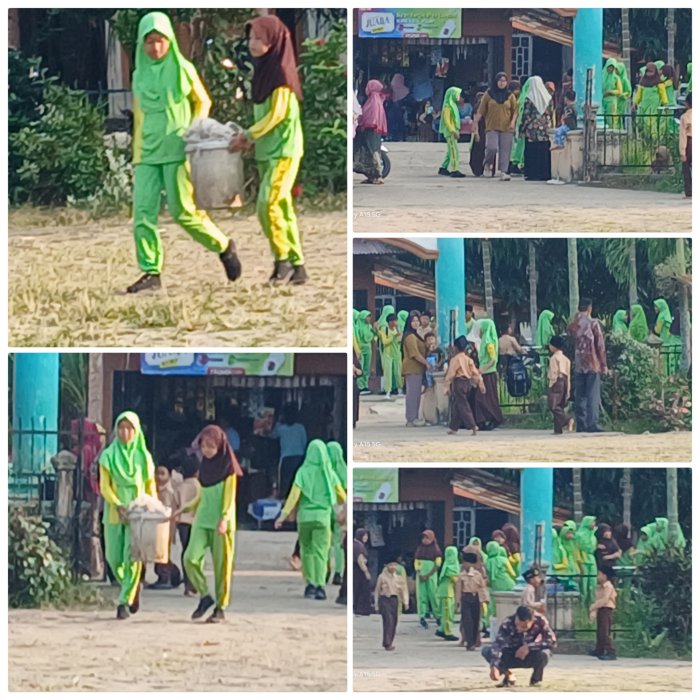 Guru dan Siswa Bersihkan Sampah di Sekitar Gerbang Madrasah