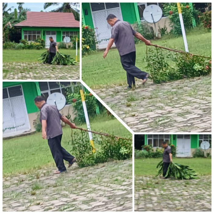 Zamroni Lakukan Pembersihan Sampah Sisa Pangkasan Tamandi MIN 2 Muaro Jambi